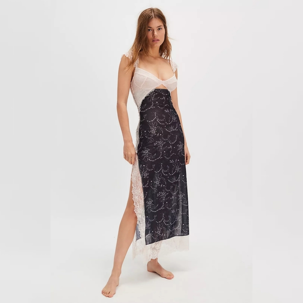 Free People Intimately Suddenly Fine Maxi Slip Black Ribbon Combo